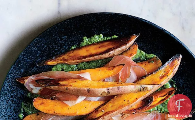 Roasted Sweet Potatoes with Speck and Chimichurri