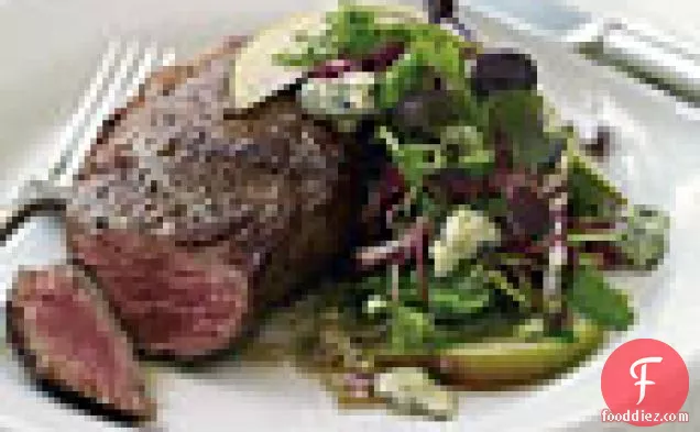 Rib-eye Steaks With Radicchio, Pear, And Blue Cheese Salad