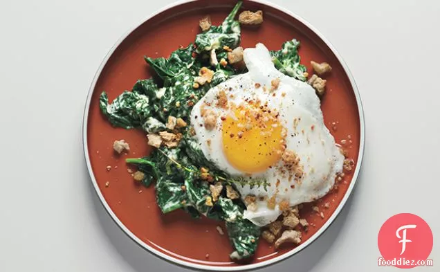 Sunny-Side-up Eggs on Mustard-Creamed Spinach with Crispy Crumbs