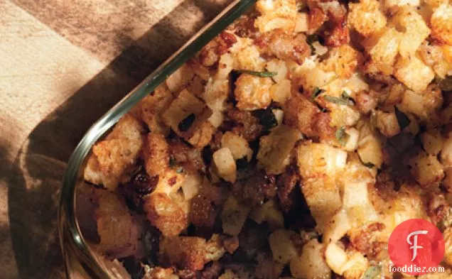 Sourdough Stuffing with Sausage, Apples, and Golden Raisins