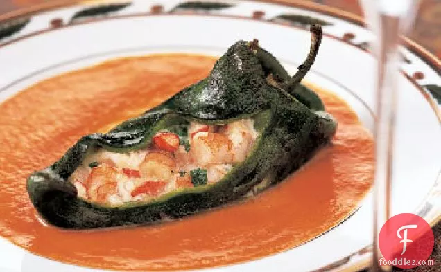 Cheese- and Shrimp-Stuffed Roasted Poblanos with Red Bell Pepper Sauce