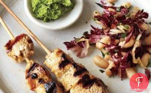 Chicken Skewers With Bean Salad And Pesto