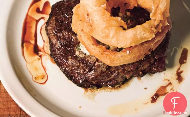 Rib-Eye Steak with Blue Cheese Butter and Walla Walla Onion Rings