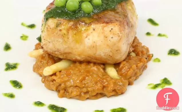 Pan-Seared Halibut with White Asparagus Risotto and Pea Purée
