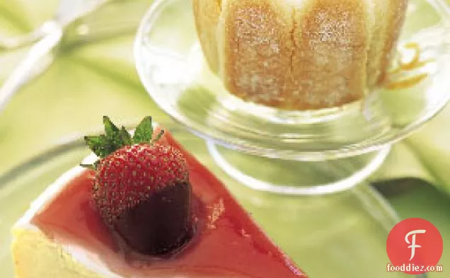 Mascarpone Cheesecake with Rhubarb Glaze and Chocolate-Covered Strawberries