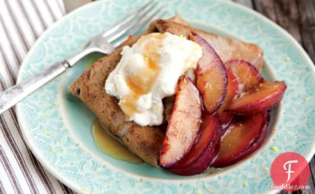 Buckwheat Crepes with Honeyed Ricotta and Sautéed Plums