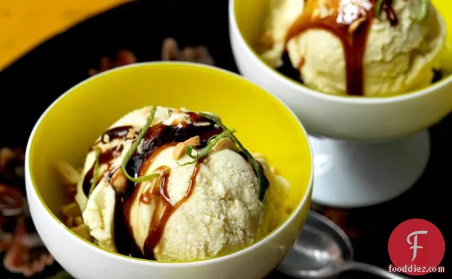Coconut-Corn Ice Cream with Brown-Sugar Syrup and Peanuts