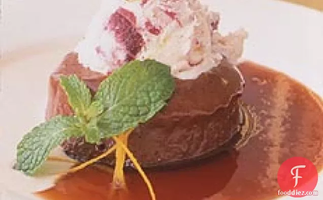 Mole Cake with Cherry-Almond Ice Cream, Tamarind Anglaise, and Orange Caramel