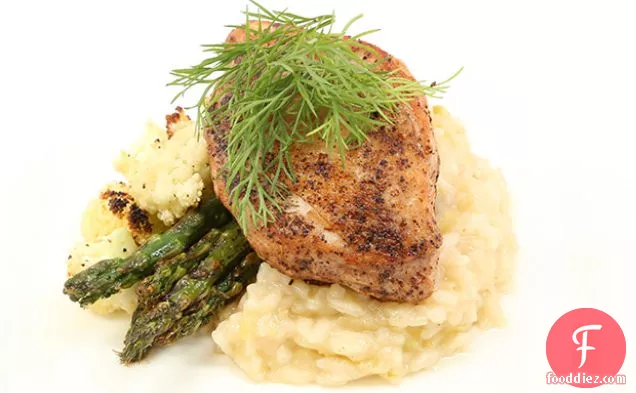 Pheasant with Risotto, Grilled Asparagus, and Roasted Cauliflower