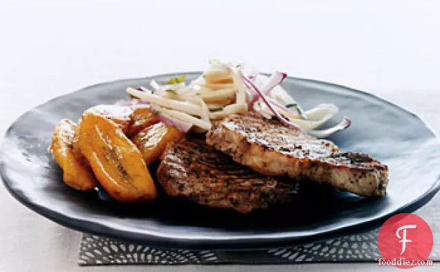 Jerk Pork Chops with Hearts of Palm Salad and Sweet Plantains