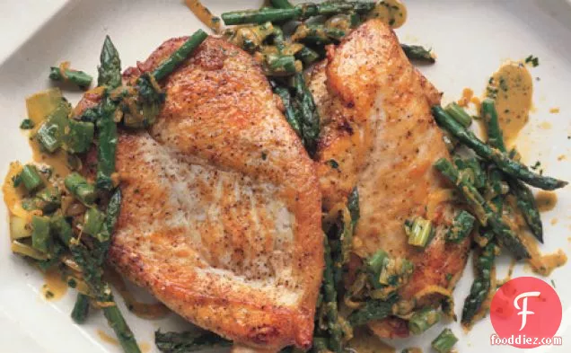 Sauteéd Chicken Cutlets with Asparagus, Spring Onions, and Parsley-Tarragon Gremolata