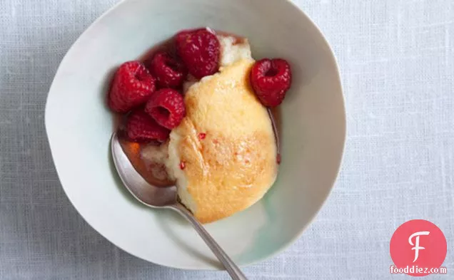 Buttermilk Pudding Cake with Maple Raspberries