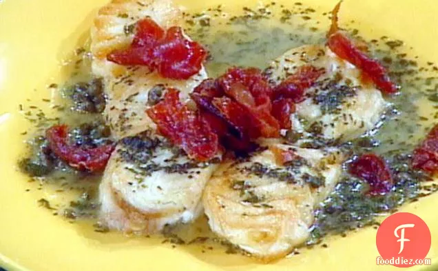 Pan-Roasted Halibut with Prosciutto, Lemon, White Wine, and Capers