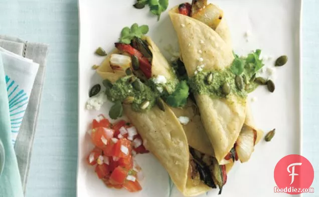 Zucchini and Red Pepper Enchiladas with Two Salsas