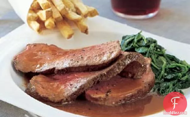 Beef Tenderloin with Red Wine Sauce, Creamed Spinach, and Truffled French Fries