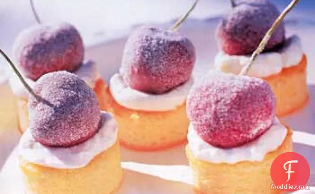Miniature Almond Cakes with Sugared Cherries and Kirsch Cream