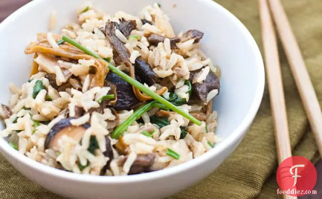 Mixed Mushrooms And Spinach In Brown Rice