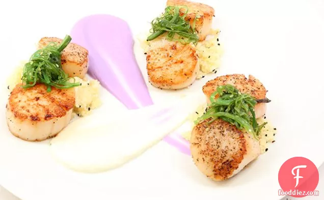 Sautéed Sea Scallops with Apple-Sesame Couscous and Purple and Yellow Cauliflower Purées