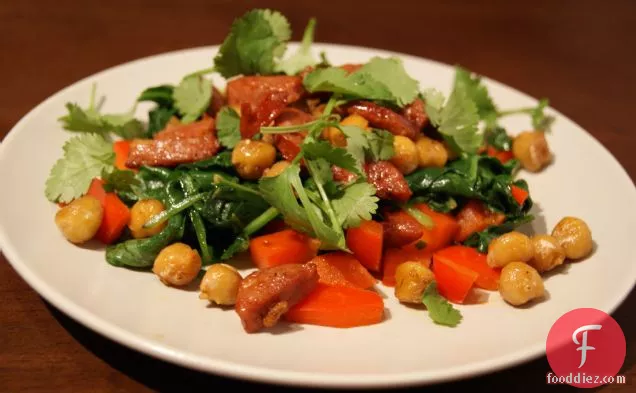 Toasted Chickpeas & Chorizo Over Spinach