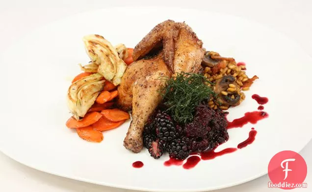 Roasted Poultry, Wild Boar Bacon, and Mushroom Farro with Pan-Roasted Fennel and Carrots