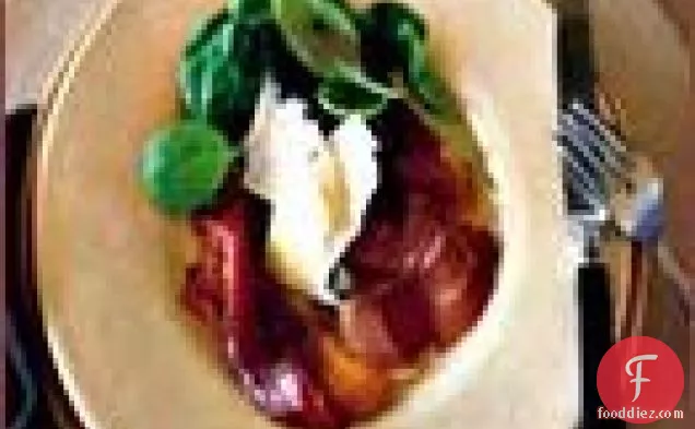 Spinach Salad with Prosciutto, Portobellos and Cheese Fondue