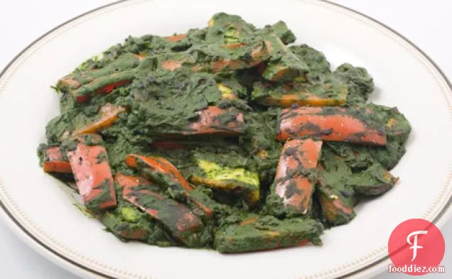 Indian Cheese and Red Peppers in Fragrant Spinach Sauce