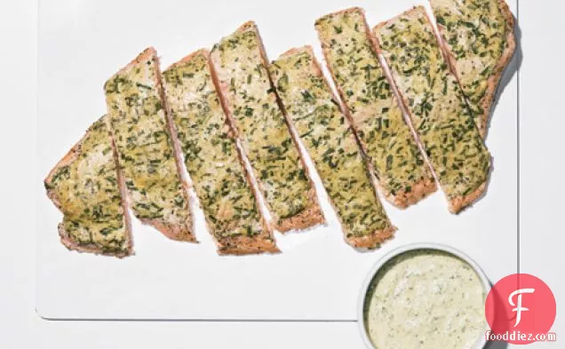 Roast Side of Salmon with Mustard, Tarragon, and Chive Sauce