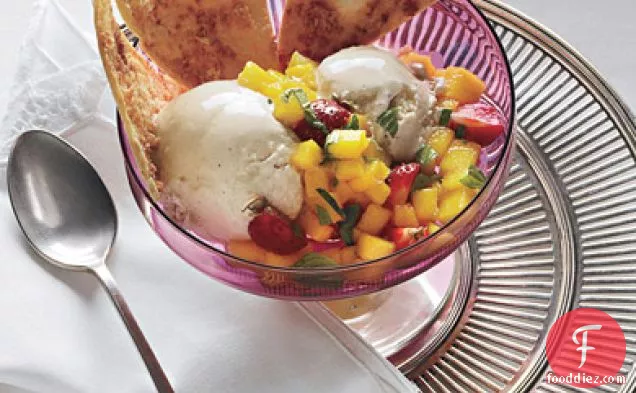 Coconut-Piloncillo Ice Cream with Coconut Tortilla Chips and Fruit Salsa