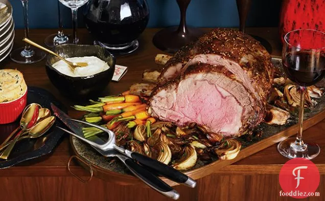 Mustard-Seed-Crusted Prime Rib Roast with Roasted Balsamic Onions