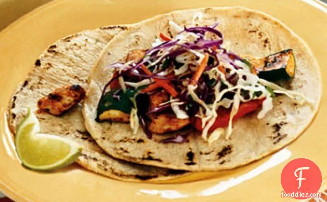 Spice-Rubbed Chicken and Vegetable Tacos with Cilantro Slaw and Chipotle Cream