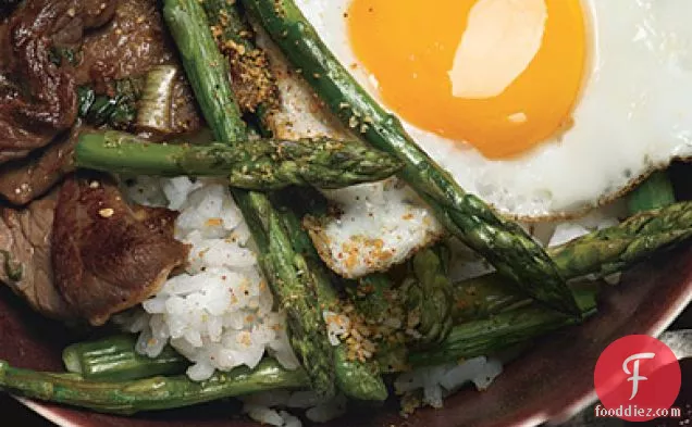 Korean Rice Bowl with Steak, Asparagus, and Fried Egg