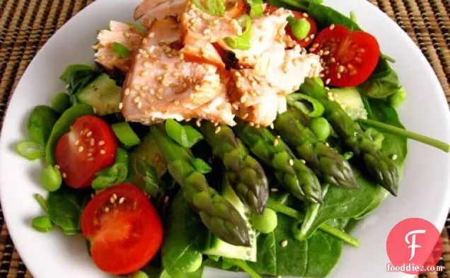 Teriyaki Salmon And Asparagus, Spinach Salad