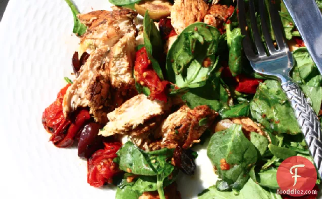 Spinach Salad With Balsamic Chicken, Roasted Tomatoes And Greek