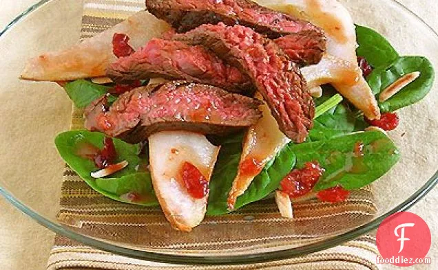 Winter Spinach Salad With Roasted Pears, Flank Steak And Dried