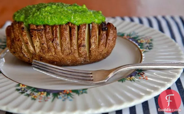 Hasselback Potatoes With Spinach Cashew Pesto