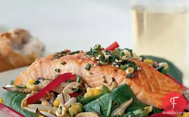 Sizzling Salmon-and-Spinach Salad with Soy Vinaigrette