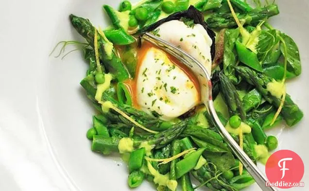 Spring Salad of Asparagus, Ramps, Snap Peas, and Peas, with Poached Egg and Lemon Zest Vinaigrette