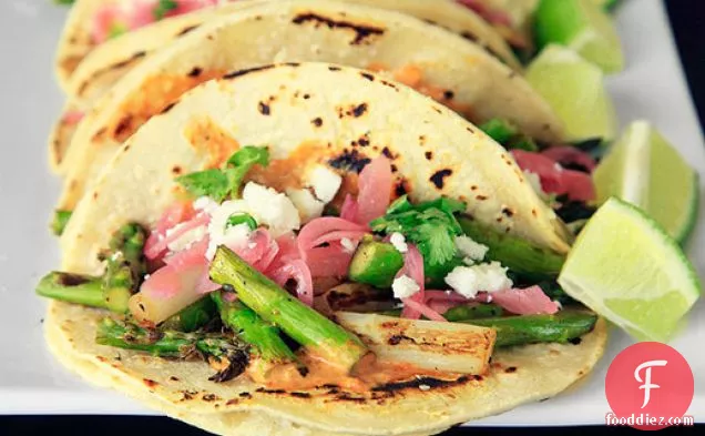 Charred Asparagus Tacos with Creamy Adobo and Pickled Red Onions