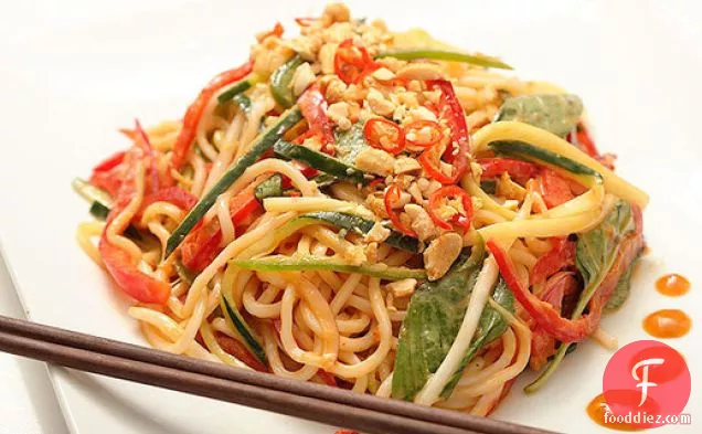 Spicy Peanut Noodle Salad with Cucumbers, Red Peppers, and Basil (Vegan)
