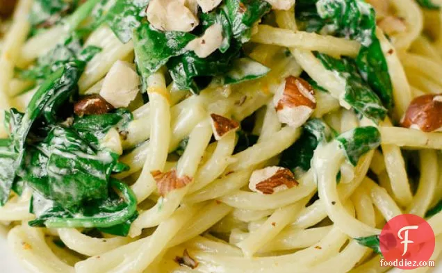 Spaghetti With Mascarpone, Meyer Lemon, Spinach, And Hazelnuts