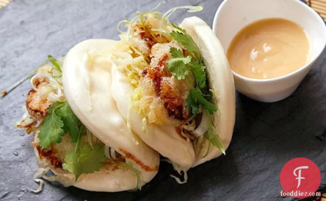 Steamed Buns with Tempura King Oyster Mushrooms and Agave-Miso Mayonnaise (Vegan)