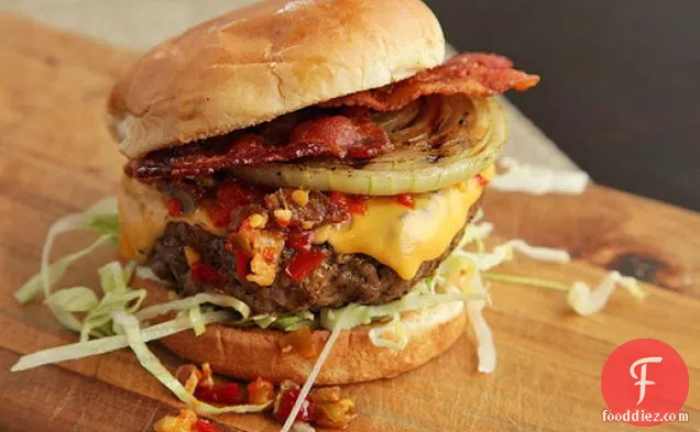 Hot and Smoky Cheeseburgers with Bacon and Pickled Cherry Pepper Relish