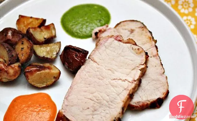 Grilled Pork Loin with Wrinkled Potatoes, Mojo Verde and Mojo Picón