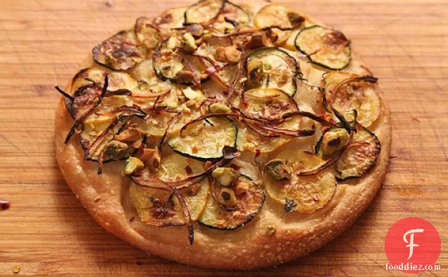 Easy Pan Pizza With Zucchini, Red Onion, and Pistachios (Vegan)