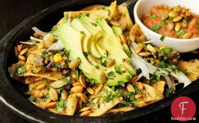 Vegan: Chilaquiles with Pepitas, Charred Corn, and Black Beans
