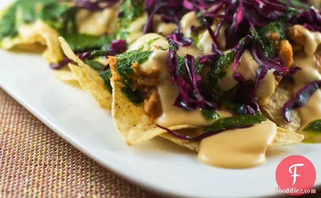 Nachos with Cabbage, Beans, and Cilantro Sauce