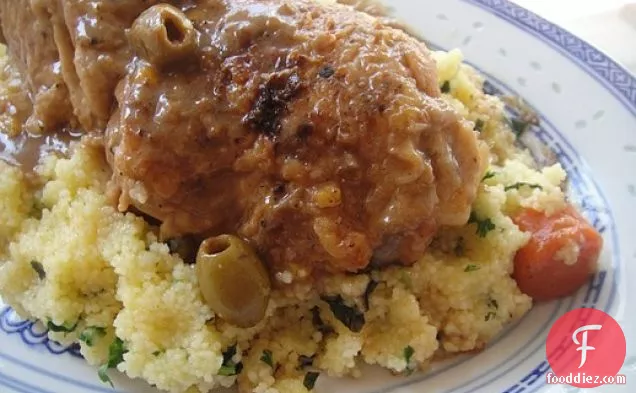 Braised Chicken with Apricots, Green Olives, and Herbed Couscous