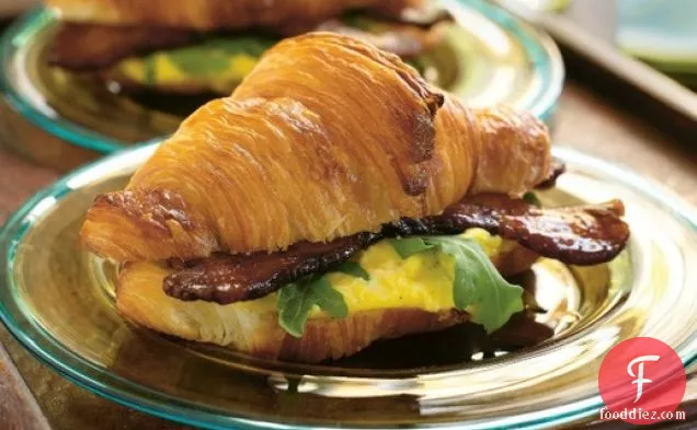 Suvir Saran's Warm Egg Salad on Croissants with Country Bacon and Arugula