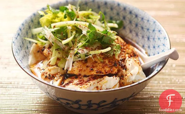 Spicy Warm Silken Tofu with Celery and Cilantro Salad