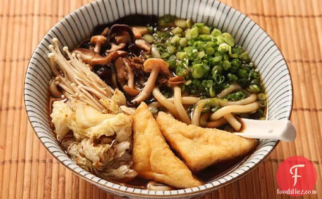 Japanese Udon with Mushroom-Soy Broth with Stir-fried Mushrooms and Cabbage (Vegan)